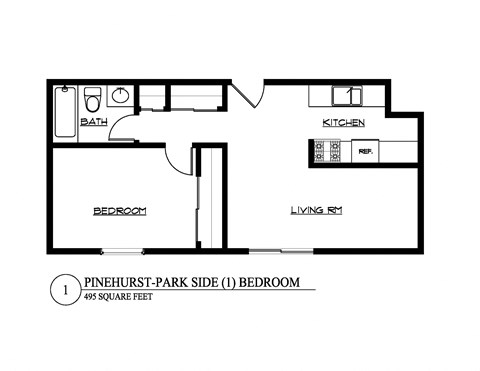 Floor plan for 1 bed, 1 bath, 640 sqft